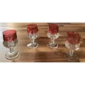 4 Vintage Tiffin Glass King’s Crown Flashed Cranberry Thumbprint Wine Glasses